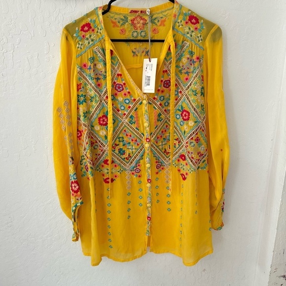 Johnny Was Tops - Johnny Was Arges Embroidered Yellow Button Front Asymmetrical Sleeve Tie Tunic S